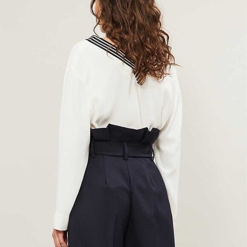 Maje $265 Lorni Lounge Long Sleeves Crepe Striped V-Neck Neckline Top Sz 3/L US - Picture 9 of 16